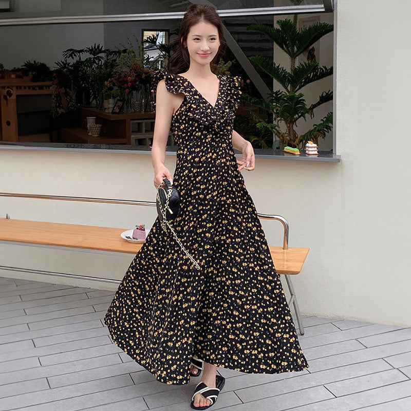 2WAYラッフル花柄ノースリーブマキシワンピース