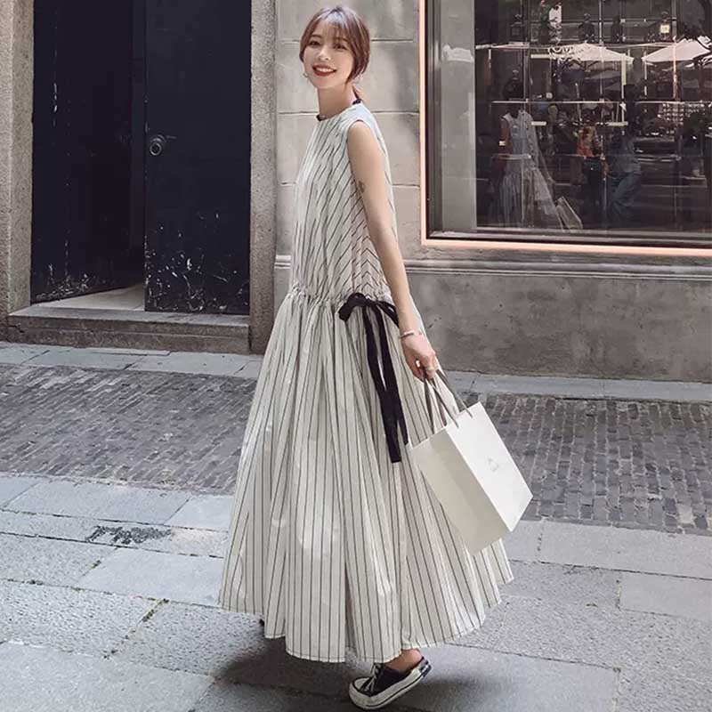 ウエストギャザーストライプワンピース（白）春/夏 ボリュームシルエット 