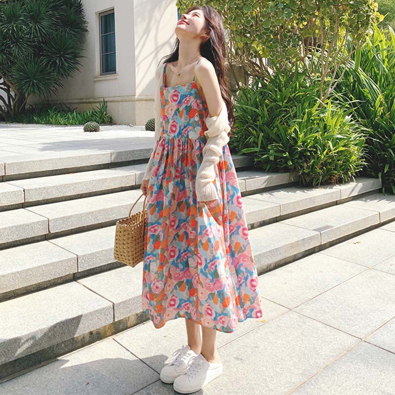 ショート丈カーディガン×ハイウエストフラワーワンピース