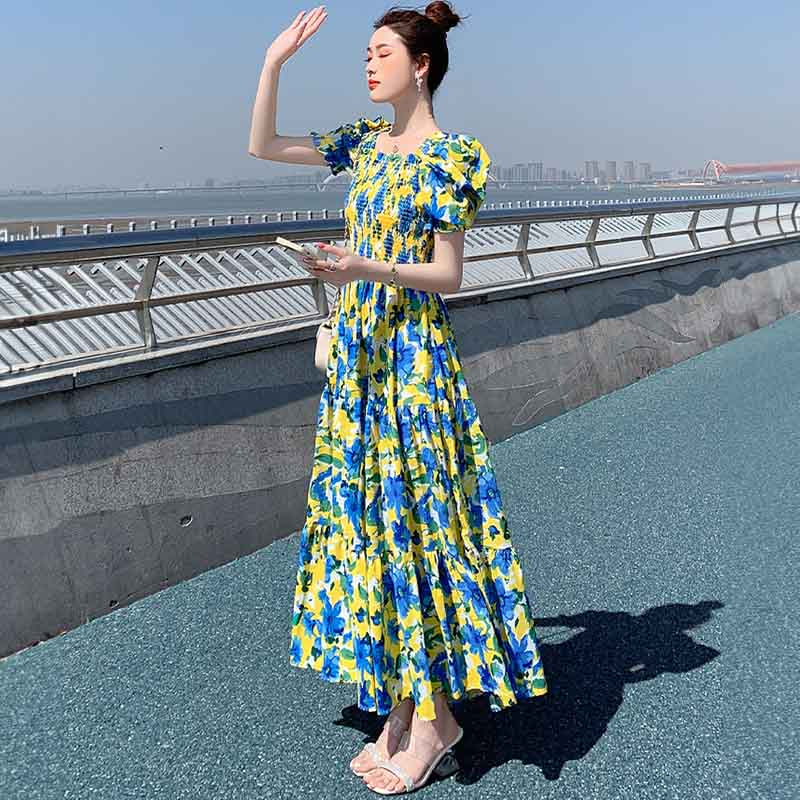 花柄ロング丈ワンピース(ブルー×イエロー）夏 ビタミンカラーが映える 
