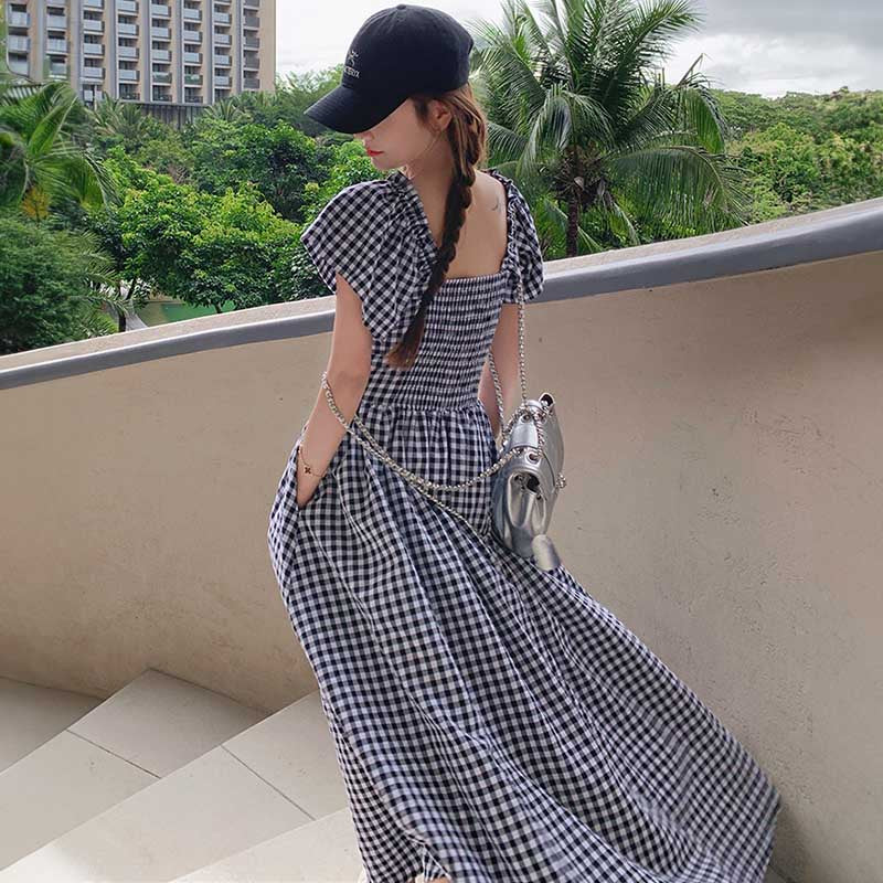 2wayショルダーギンガムチェックワンピース（黒）春/夏 ヘルシーな肌  