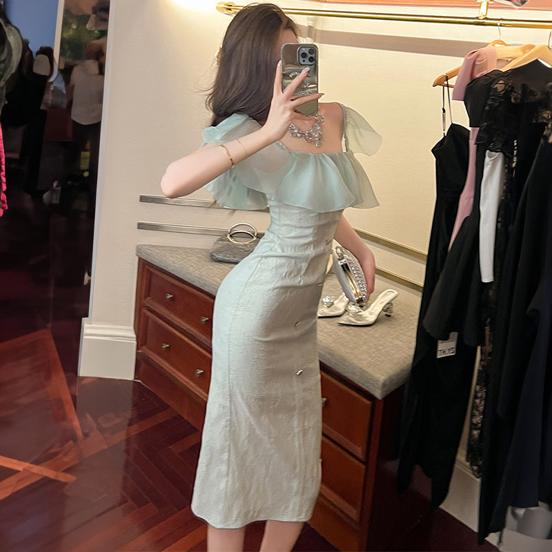 シアーラッフルコンビジャガードペンシルワンピース