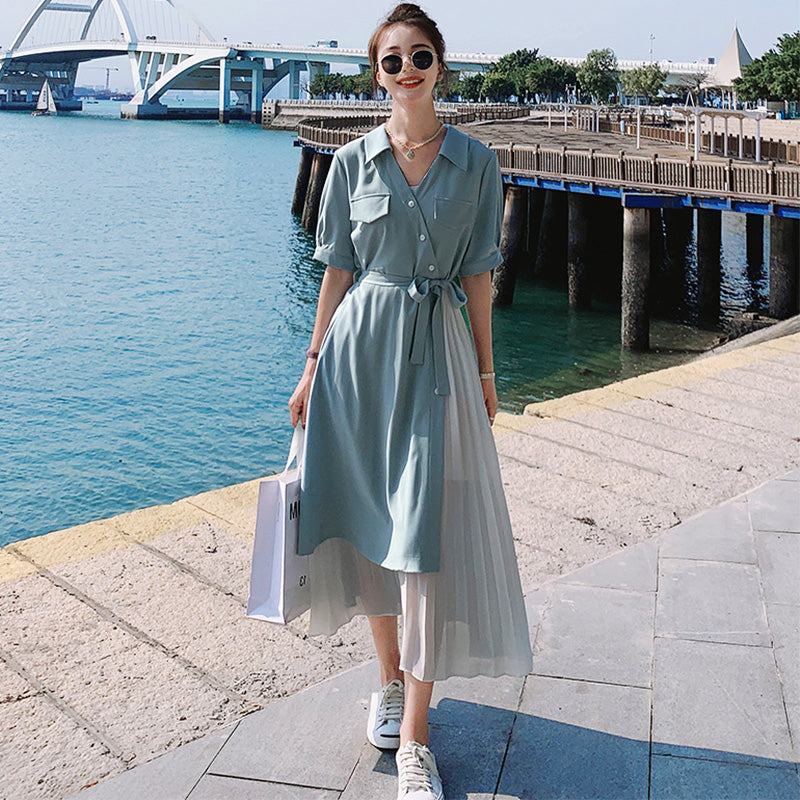 【即納】レイヤード風シャツワンピース(4colors)