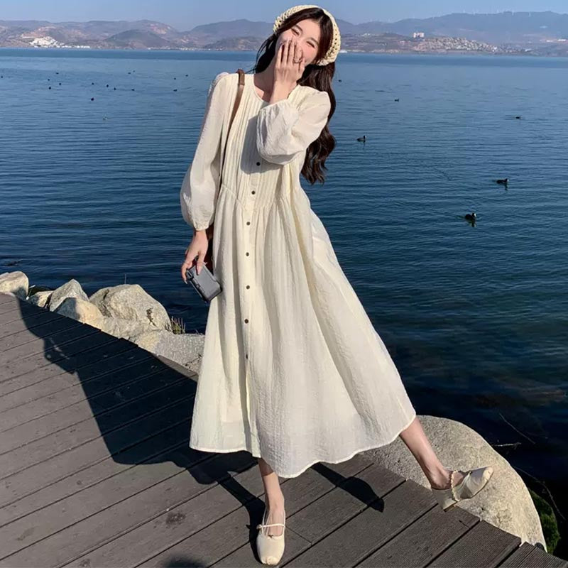 フロントボタンプリーツロングワンピース