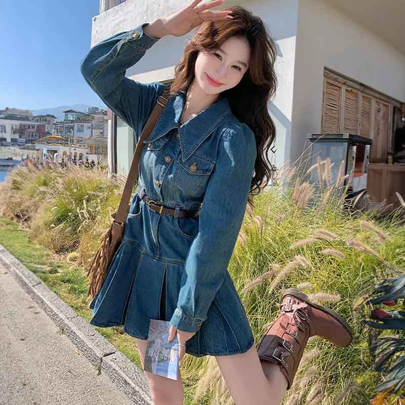 裾プリーツデニムワンピース