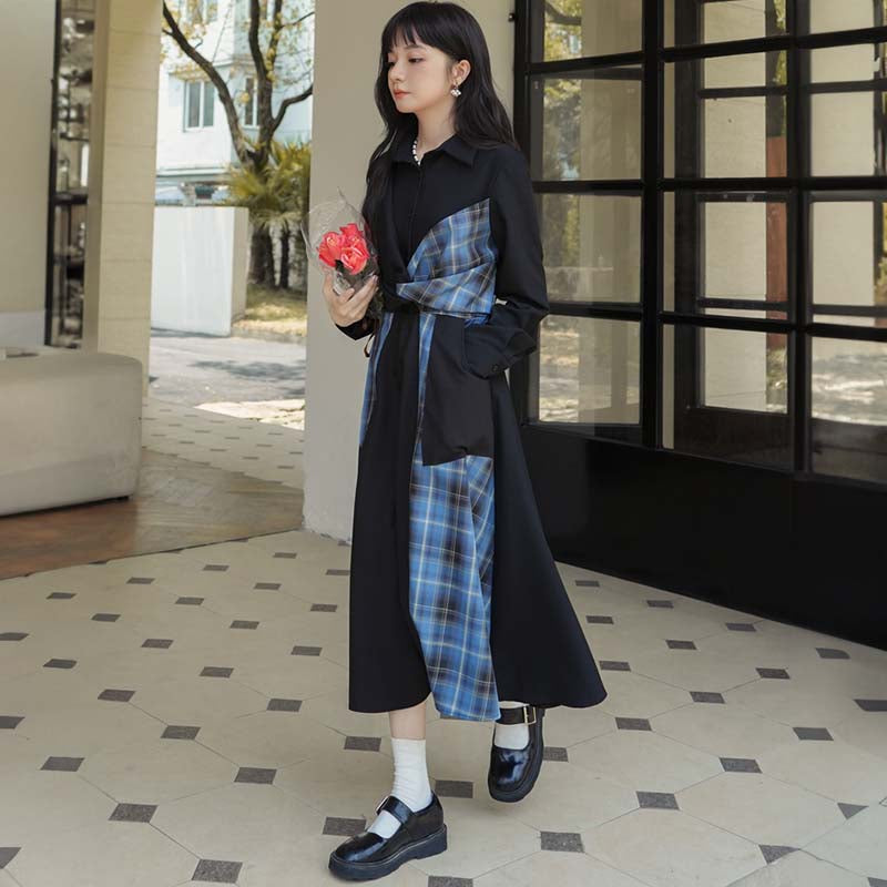 ウエストリボンチェック切り替えシャツワンピース