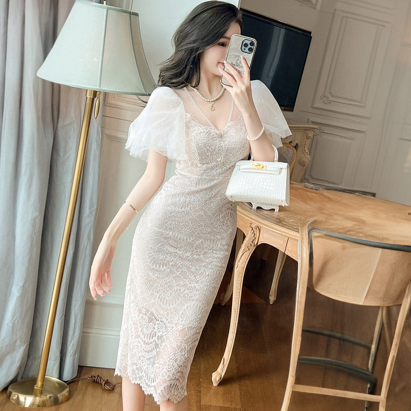 シアーフレアスリーブ総レースペンシルワンピース