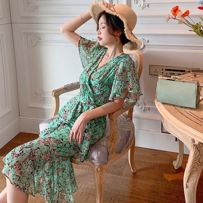 リボン付き花柄フレアスリーブマーメイドフリルワンピース(2colors) 