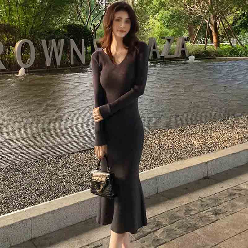 Vネックタイトニットワンピース(5colors)