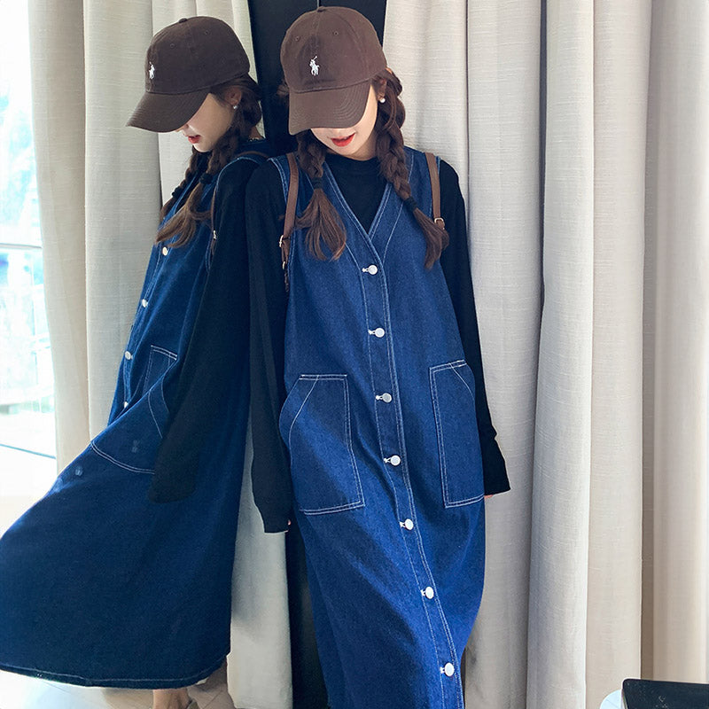 フロントボタンインディゴデニムジャンパースカート(ブラックトップス付き)