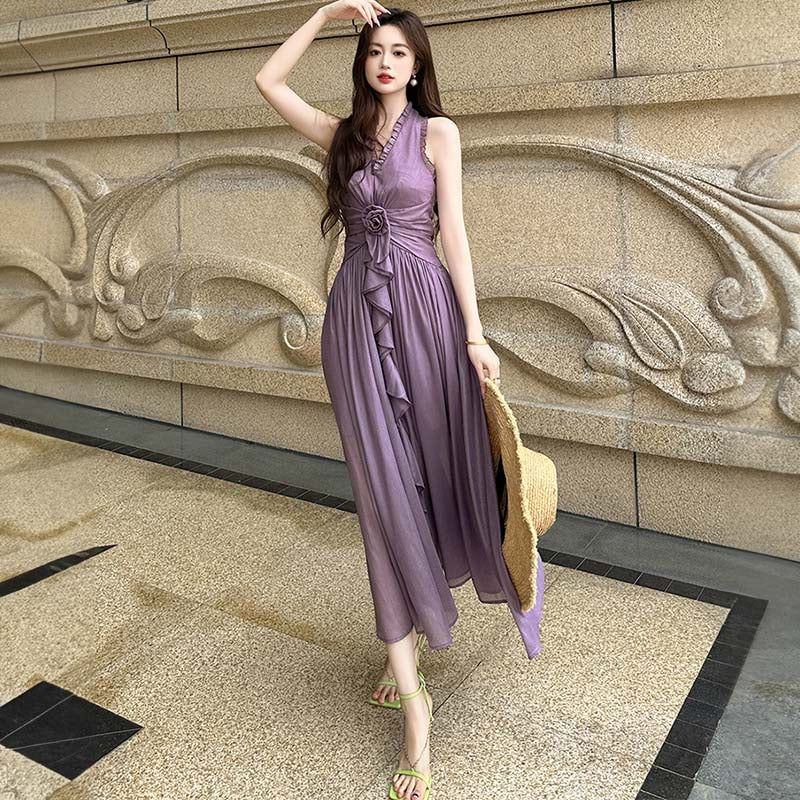 ジョーゼットホルターネックミディ丈ドレス（ピンク・紫）華やかドレス 