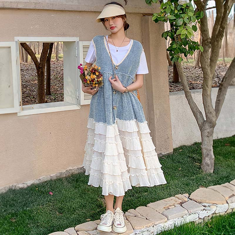 Tシャツ×裾フリルティアードノースリーブワンピース ツーピース