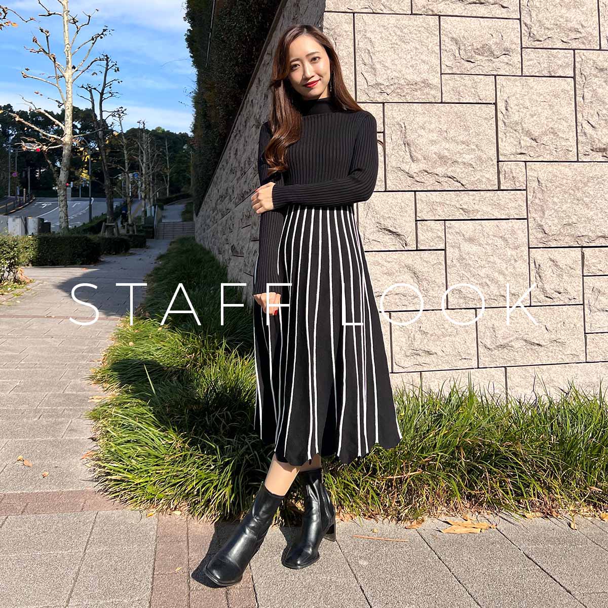 スカラップヘムストライプ切り替えニットワンピース