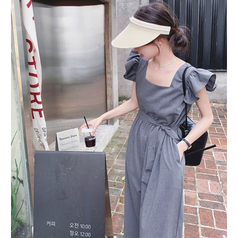 スクエアネックワイドパンツオールインワン