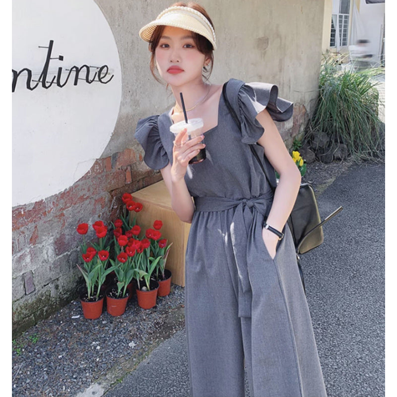 スクエアネックワイドパンツオールインワン