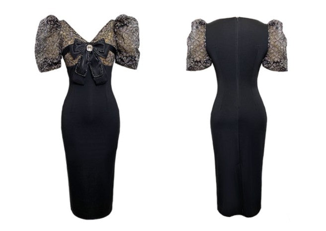 フロントリボンシアーレースコンビペンシルワンピース