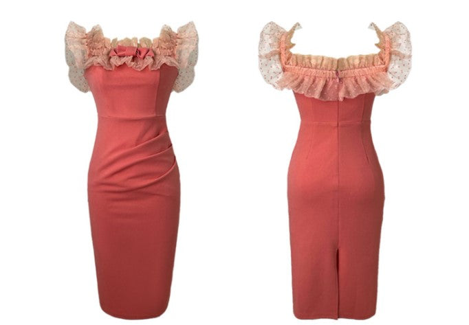 フロントリボンシアーフリルコンビオフショルダーペンシルワンピース