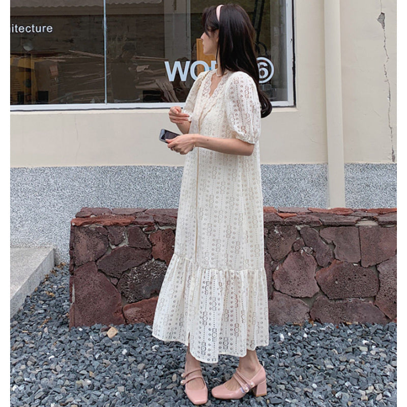 Vネックレースシャツワンピース