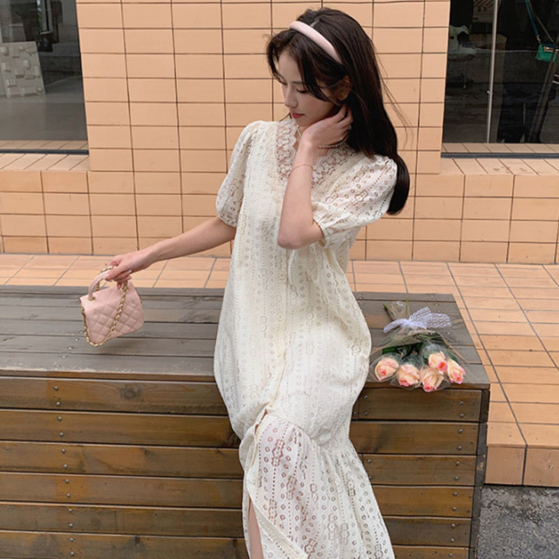 Vネックレースシャツワンピース