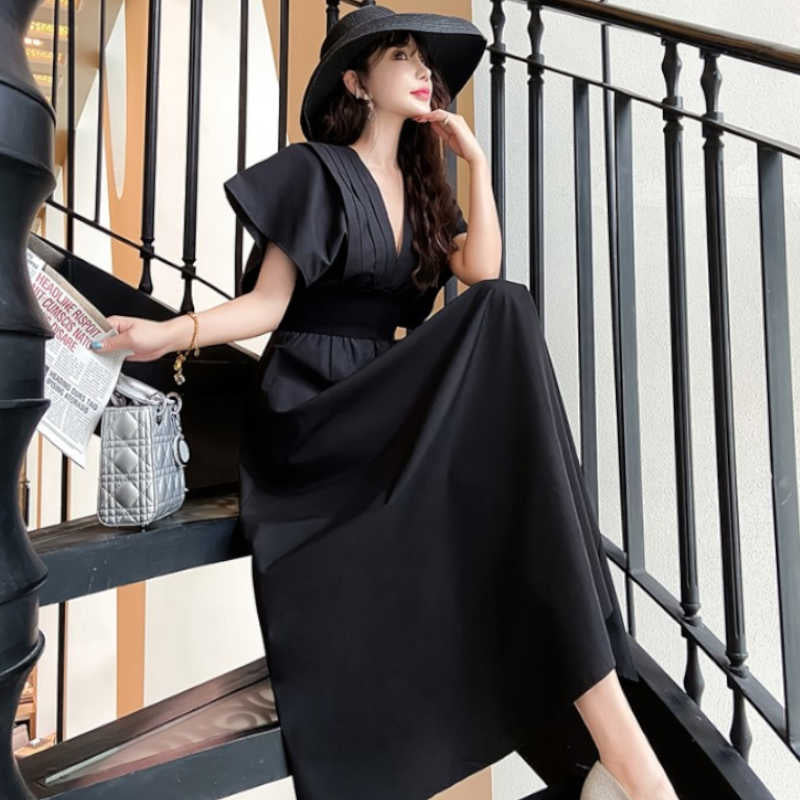 フレアスリーブフロントプリーツマキシワンピース(2colors)