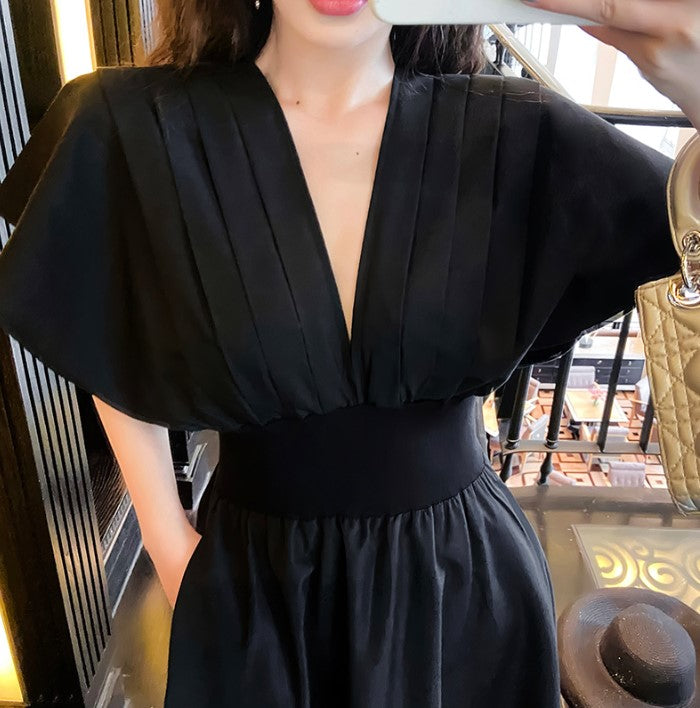 フレアスリーブフロントプリーツマキシワンピース(2colors)