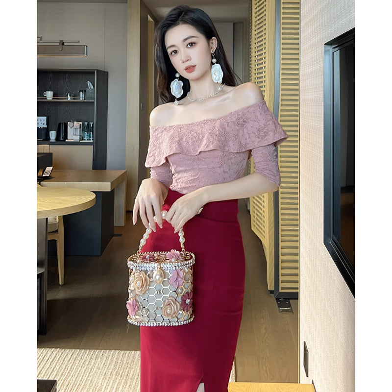 オフショルダーレーストップ×サイドスリットペンシルスカート【上下別売り可】