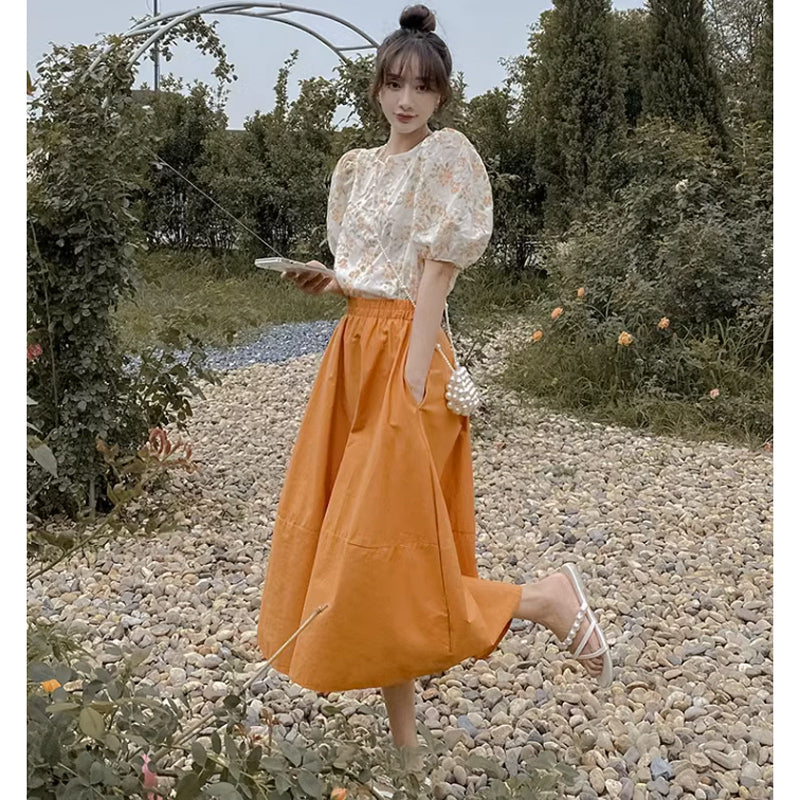 フラワーカットソー×Aラインフレアスカート(2colors)