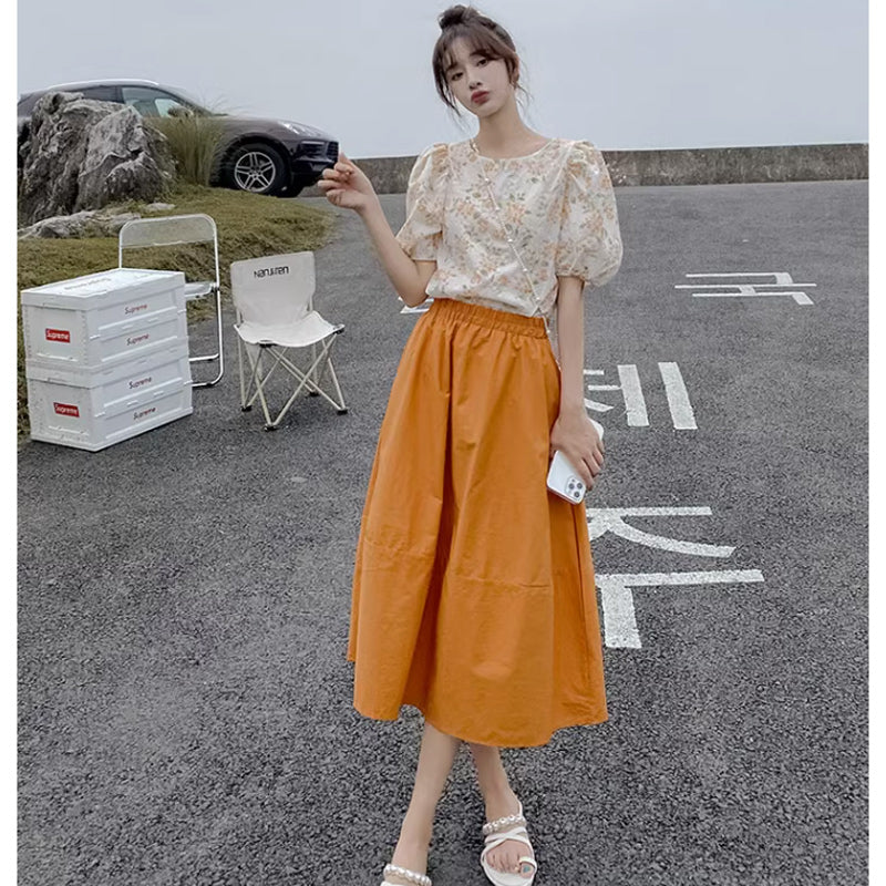 フラワーカットソー×Aラインフレアスカート(2colors)