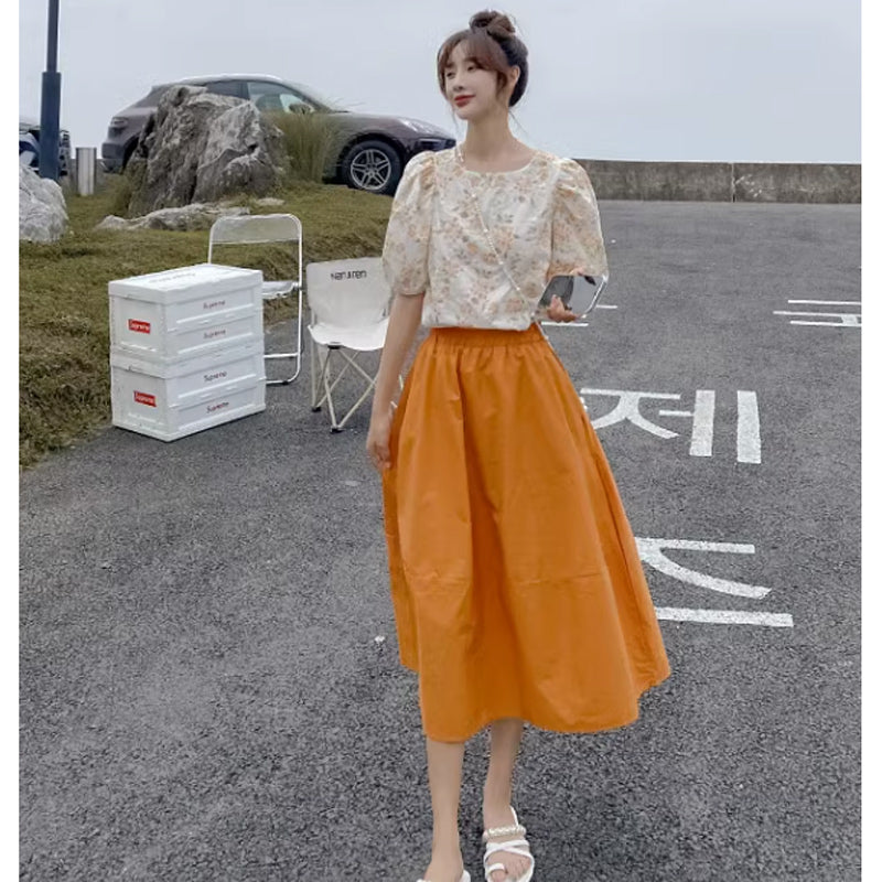 フラワーカットソー×Aラインフレアスカート(2colors)