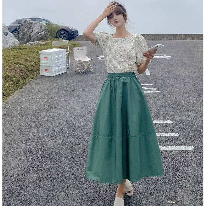 フラワーカットソー×Aラインフレアスカート(2colors)