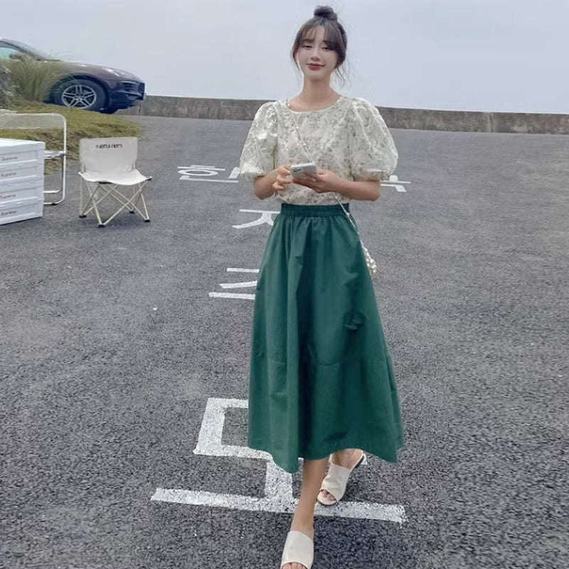 フラワーカットソー×Aラインフレアスカート(2colors)