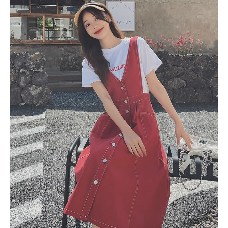 ロゴTシャツ×ステッチサロペットスカート(2colors)