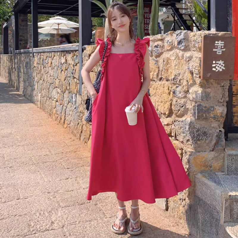 ショルダーフリルミモレ丈ワンピース