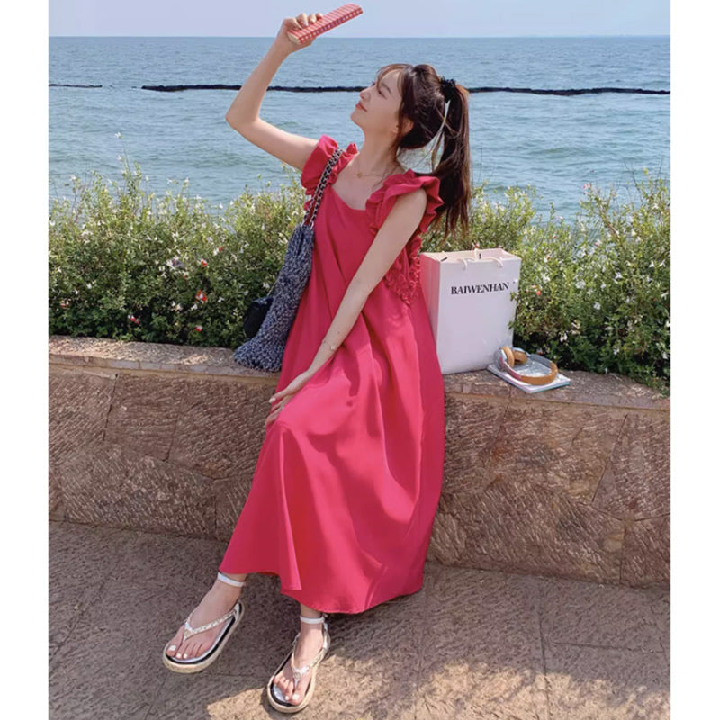 ショルダーフリルミモレ丈ワンピース