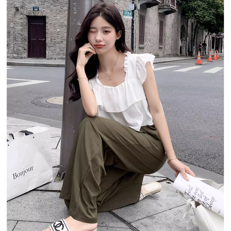 フレンチスリーブフリルトップ×ワイドパンツ