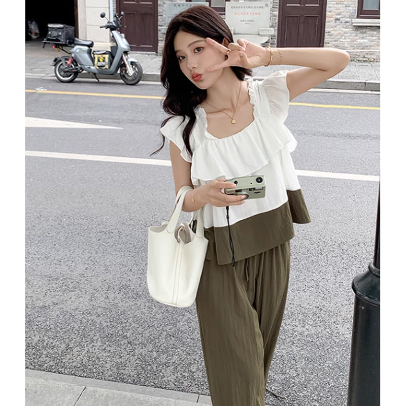 フレンチスリーブフリルトップ×ワイドパンツ