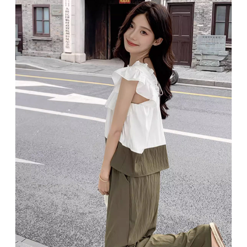 フレンチスリーブフリルトップ×ワイドパンツ