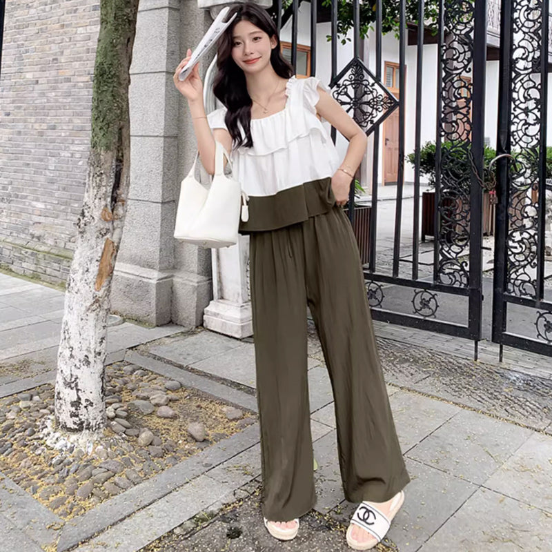 フレンチスリーブフリルトップ×ワイドパンツ