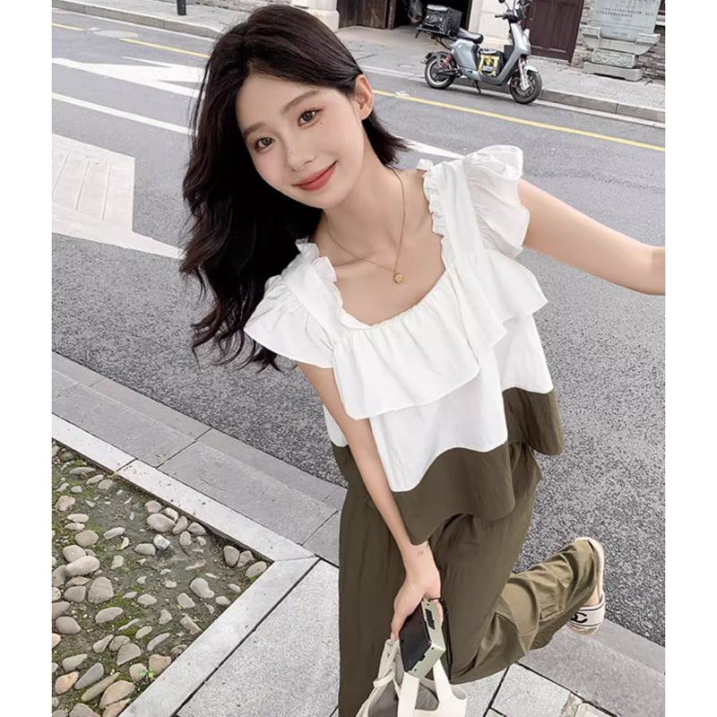 フレンチスリーブフリルトップ×ワイドパンツ