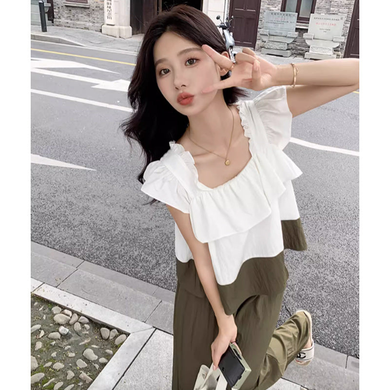 フレンチスリーブフリルトップ×ワイドパンツ