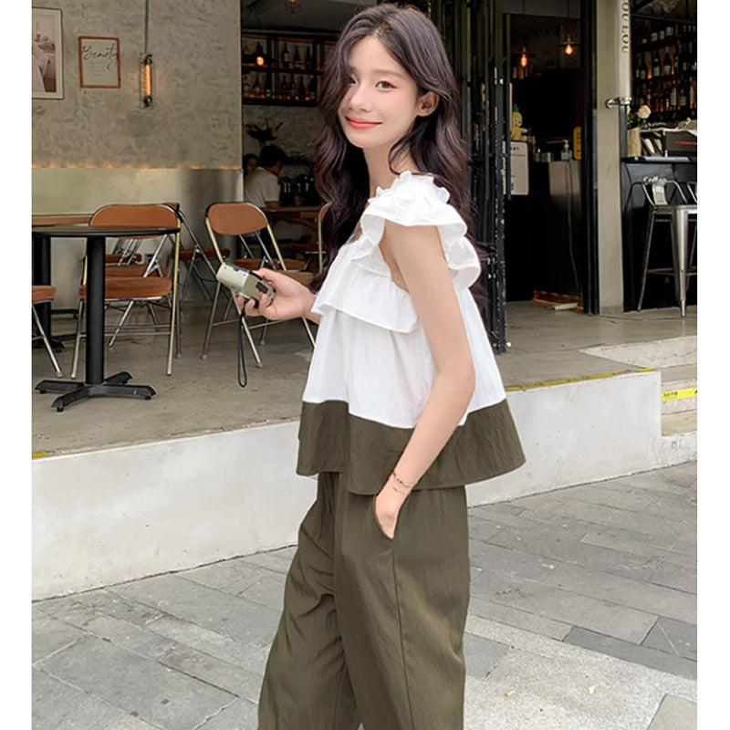 フレンチスリーブフリルトップ×ワイドパンツ