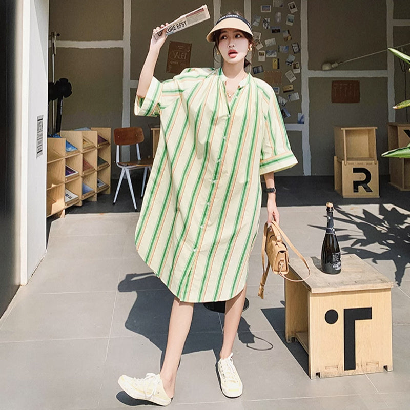 グリーンストライプオーバーサイズシャツワンピース