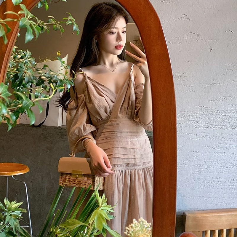 オープンショルダーボリューム袖ワンピース(2colors)