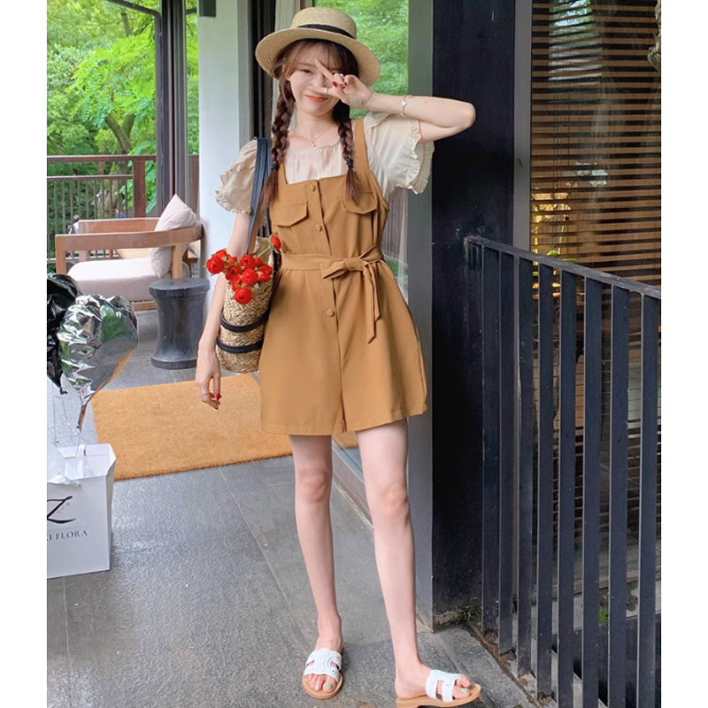 ラップスリーブブラウス×ウエストマークサロペット