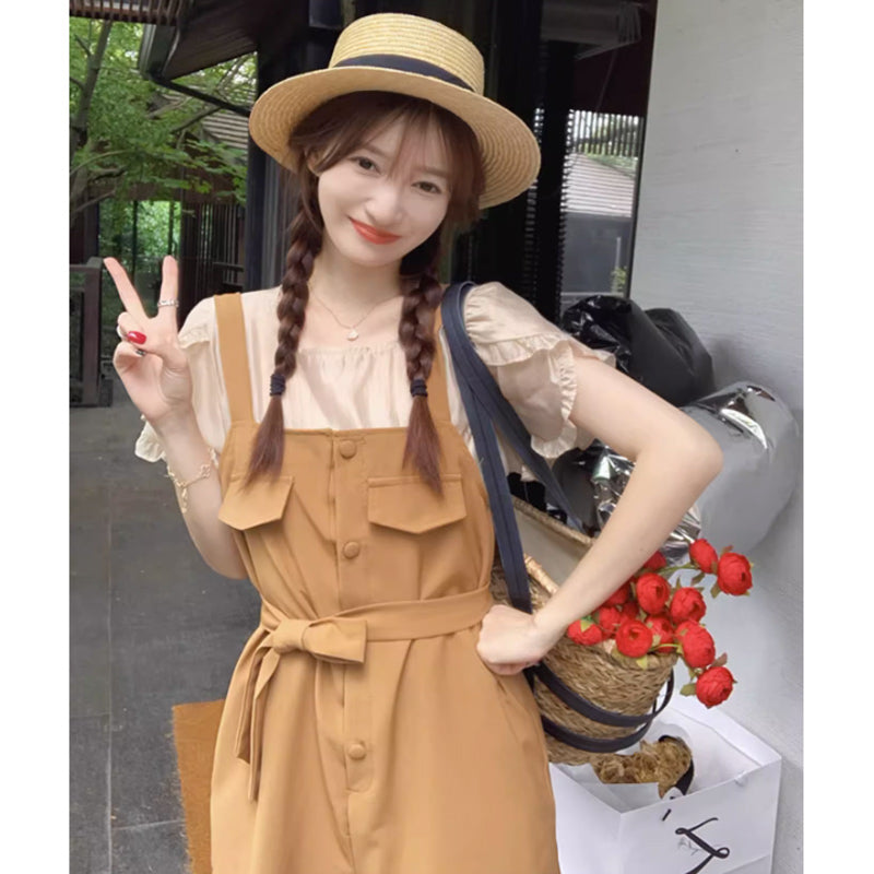 ラップスリーブブラウス×ウエストマークサロペット