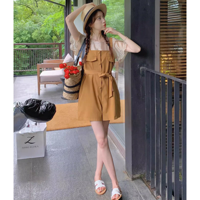 ラップスリーブブラウス×ウエストマークサロペット