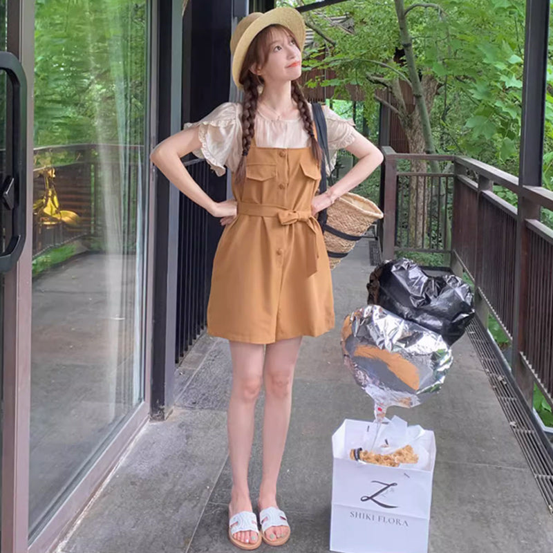 ラップスリーブブラウス×ウエストマークサロペット