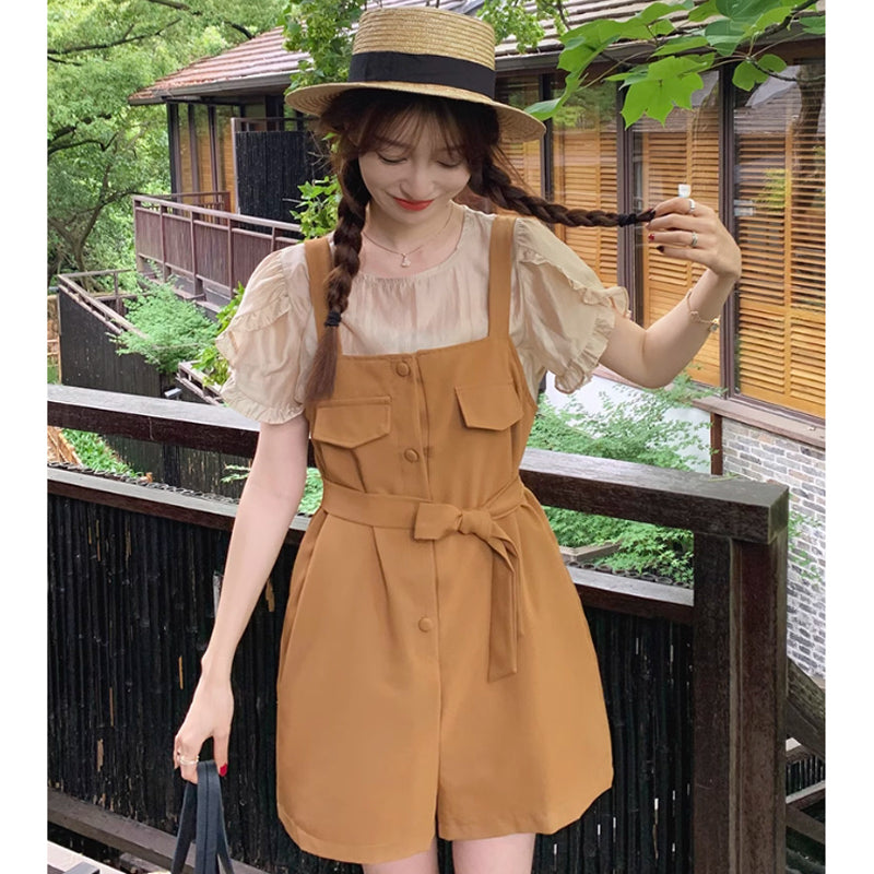 ラップスリーブブラウス×ウエストマークサロペット