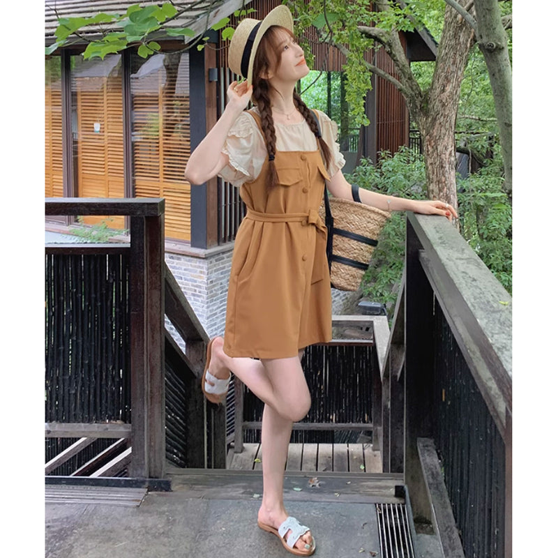 ラップスリーブブラウス×ウエストマークサロペット