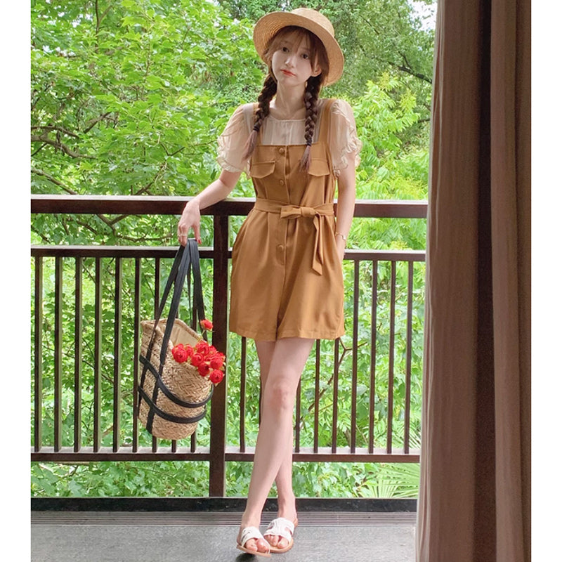 ラップスリーブブラウス×ウエストマークサロペット